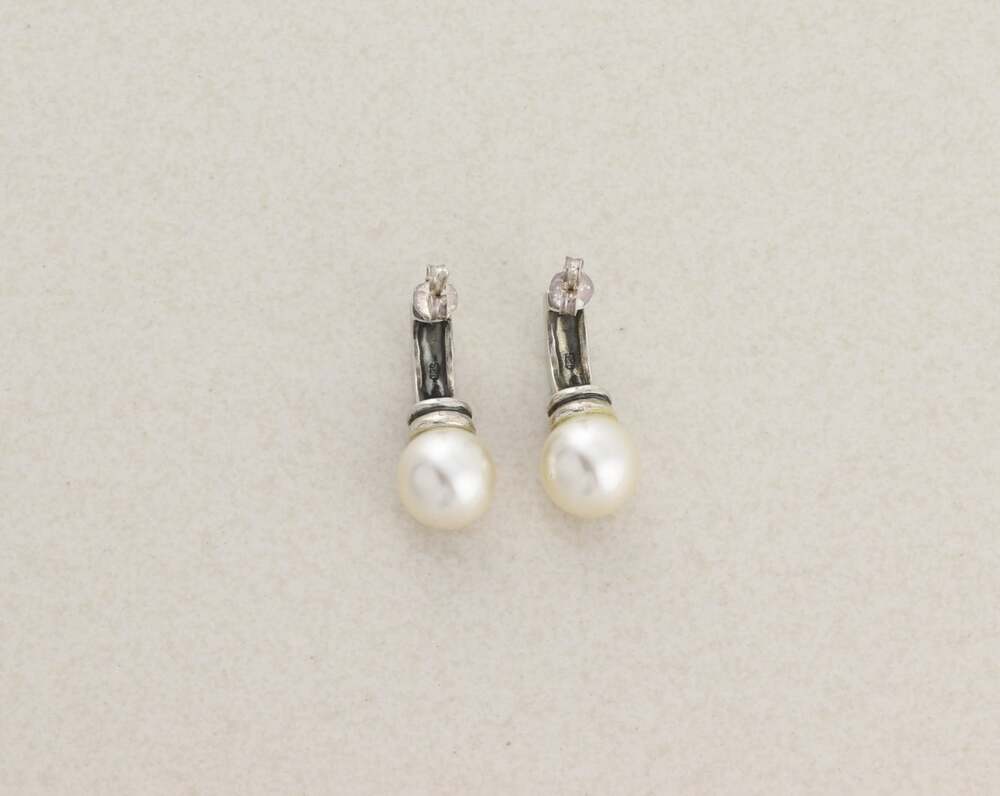 Sterling Silver Simulated Pearl Earrings Drop Earrings 7/8" x 3/8" - Picture 3 of 7
